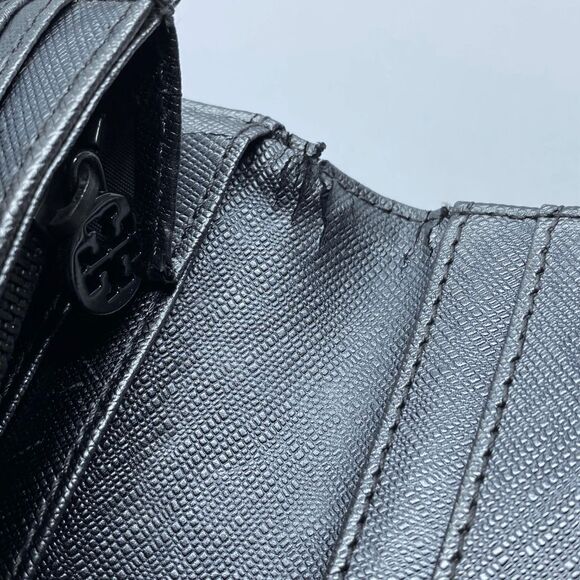 **TORN/FLAWS** Authentic Dark Silver Metallic Tory Burch Long Wallet - Picture 10 of 13